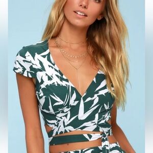 OBEY Calico Forest Green and White Leaf Print Wrap Crop Top NWT Size Small